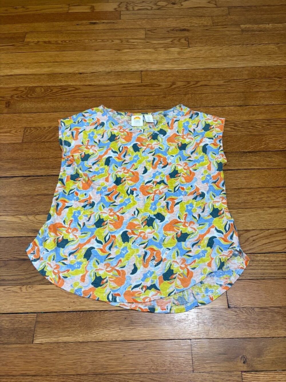 C&C California Womens Linen Shirt Size Large Colorful Short Sleeve Top Blouse